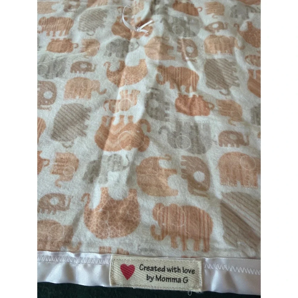 Momma G Handmade Baby Blanket Peach Grey Elephant Print Satin Trim 35x43